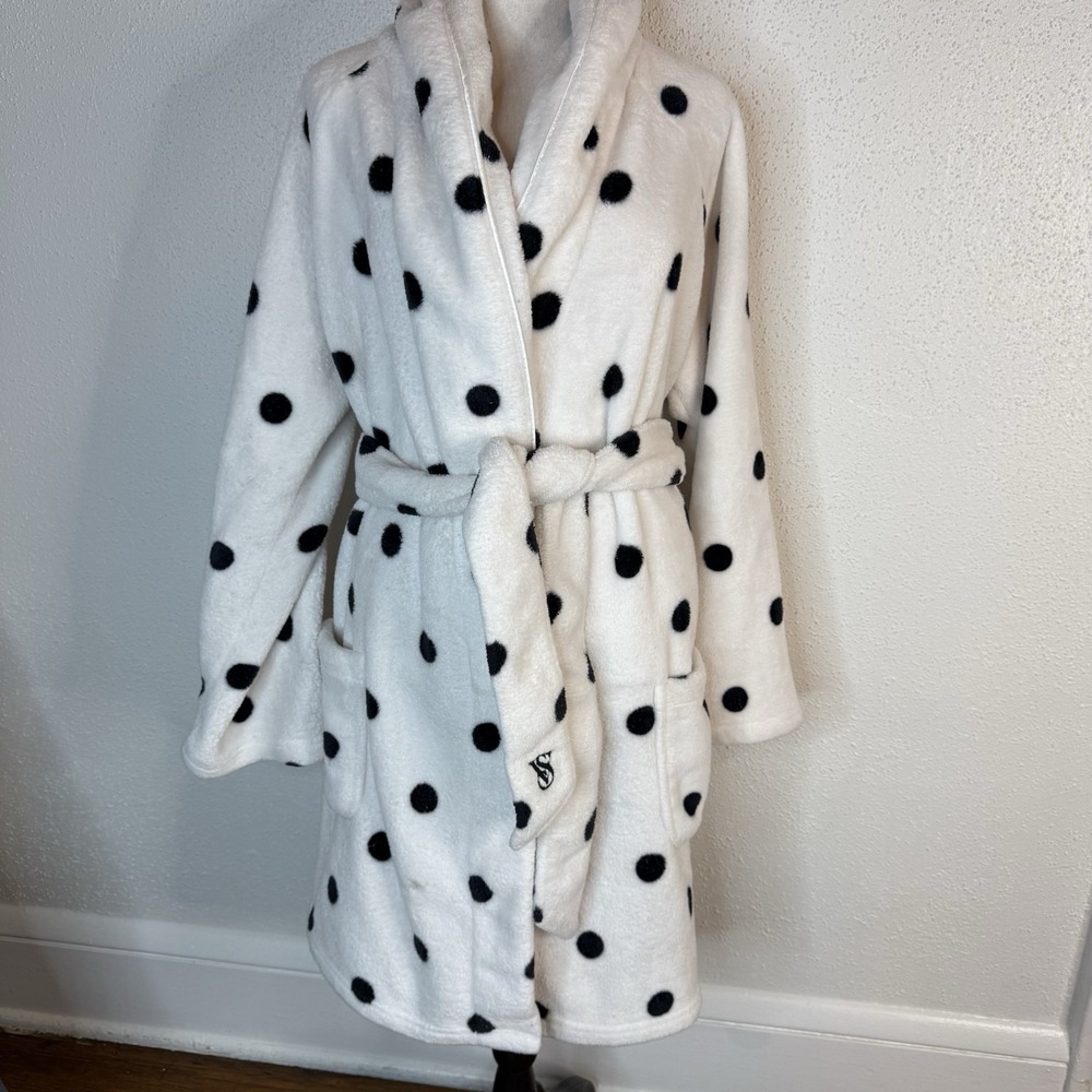 Victoria's Secret White/Black Polka Dot Fleece Robe Tie Belt Shawl XS/S